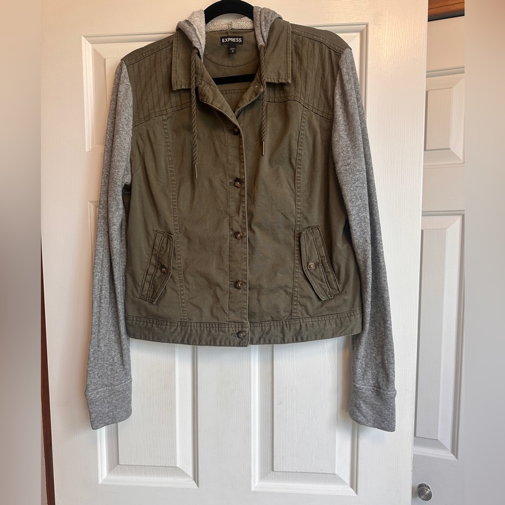 Express Olive Utility Jacket Two-Tone Gray Knit Sleeves Hooded Size M